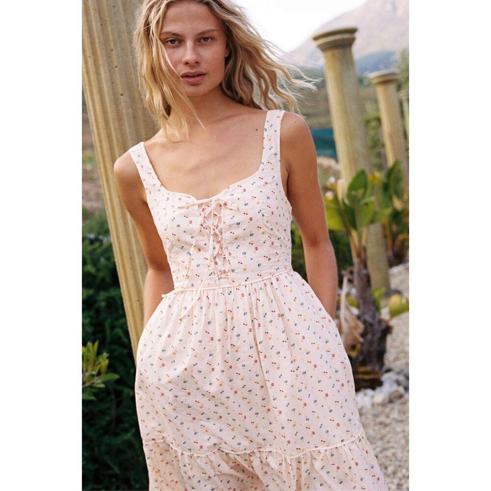 Christy Dawn The Adele Floral Lace Up Dress Carnelian Aster Garden Peach Size L